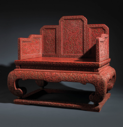 desimonewayland: A VERY RARE AND MAGNIFICENT IMPERIAL THREE-COLOUR CARVED ‘NINE DRAGON’ LACQUER THRONE QIANLONG PERIOD (1736-1795)  The throne is finely carved through the red lacquer to the ochre and  dark green lacquer and has a stepped back separated