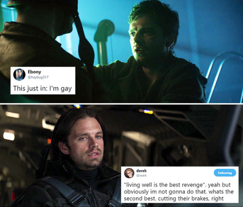 livebloggingmydescentintomadness:Bucky Barnes tweet meme, part two (part one)