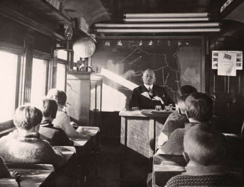 A classroom inside a railway car in Ontario, Canada, August 1932.Photograph by Canadian National Rai