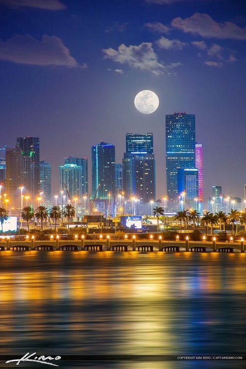 rajeevvirmani:Miami City Skyline Moon Setting Behind Buildings