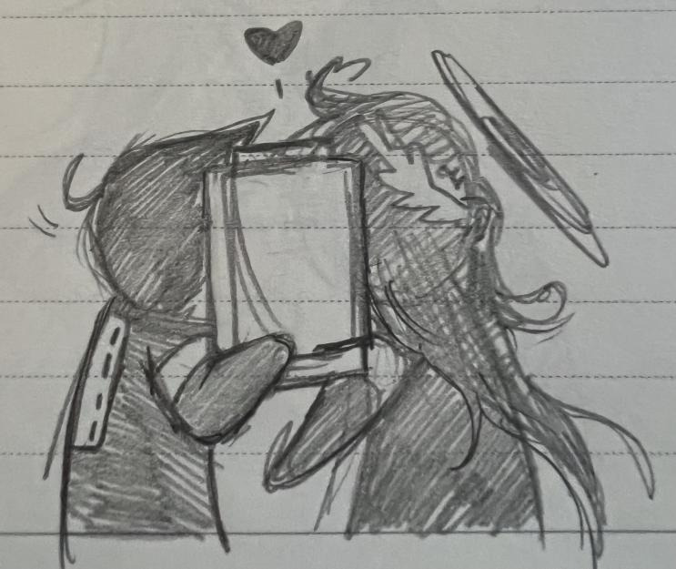 a pencil doodle of falke and adler kissing, but the kiss is hidden behind a clipboard