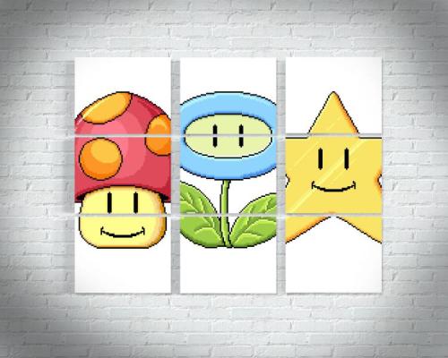adorkable-bear:  captcreate:  odditymall:  The Mario Match Game art piece is a set of 9 canvases representing the same pieces from the actual Mario match game, a flower, a mushroom, and a star. —->http://odditymall.com/mario-match-game-wall-art 