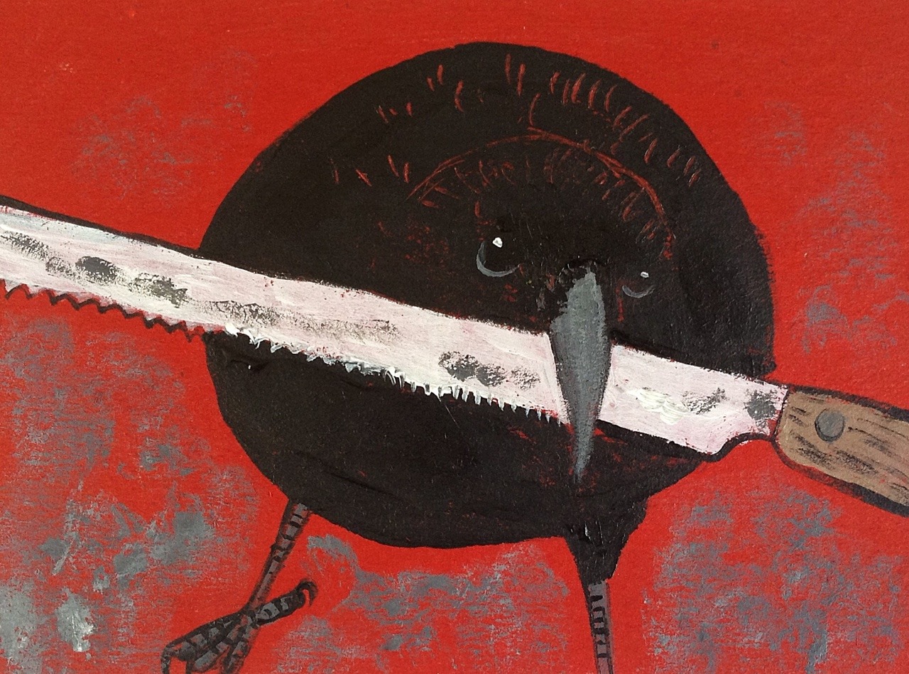 jenzelart:  Canuck the crow, acrylic painting on cardboard   Canuck is a real crow