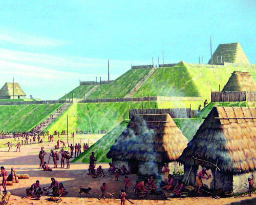 Cahokia in modern-day Illinois (left), what it may have looked like (center, right). Monk’s Mound is