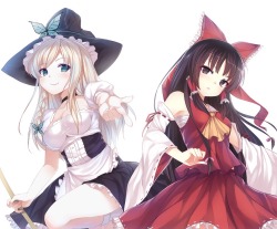 girlxgirlxcat:  Sena and Yozora as Marisa and Reimu!  By: KD