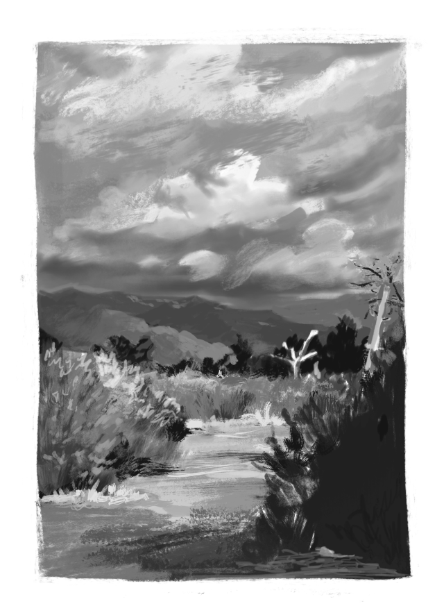 a greyscale digital painting of a meadow in front of distant mountains