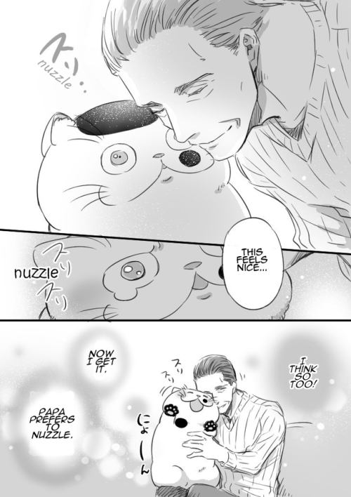 theguineapig3:   おじさまと猫　「スリスリ派」  Ojisama to Neko: “Nuzzle Buddies” Notes: “Nuzzle” may not be the most accurate translation for “surisuri,” but I thought it had a warm and fuzzy ring to it that fit the imagery