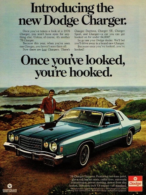 nostalgia-eh52: 1976 Dodge Charger Advertisement Featuring Tom Selleck