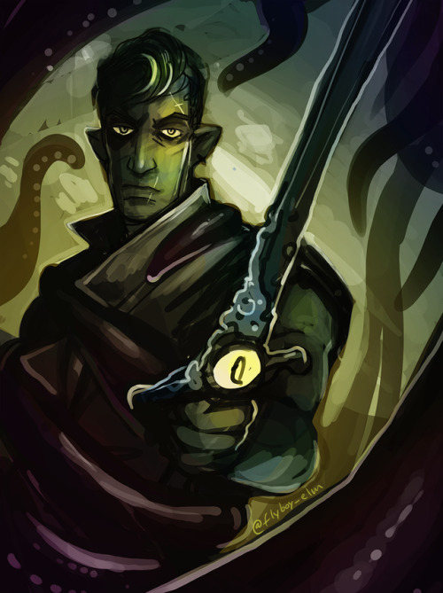 swallowtailed:flyboyelm:yeehaw[id: a digital painting of Fjord holding his falchion toward the viewe