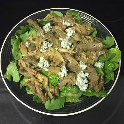 Broiled Steak House Salad with Shallots, Blue Chase and Spinachv#cookmarleyspoon #marthaandmarleyspoon (at The Lofts at New Roc)