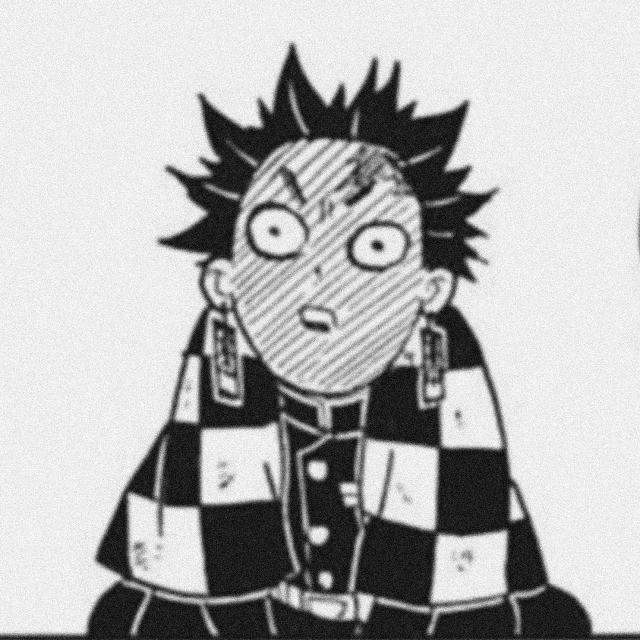 an icon of tanjiro from demon slayer manga. it is drawn in a goofy fashion. he kneels and stares past the viewer. he has a flushed face from embarrassment and a stoic expression.his hair stands on end