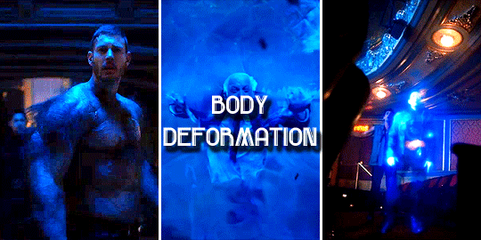 Gif 7: Three side-by-side gifs. Luther's body is on full view, warped with ape DNA. Five changes within the time portal, the old man distorted into a young teenager. A tentacle rips through Ben's stomach. The overlaid text reads 'body deformation'. 