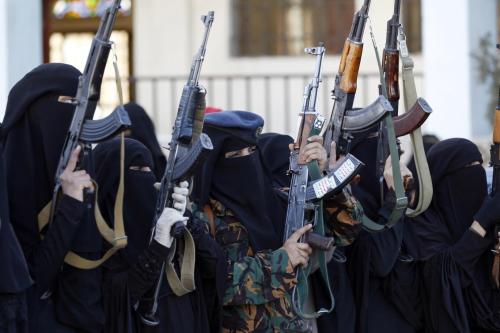 Yemeni female fighters supporting the Shiite Huthi islamist group, in the capital Sanaa on January 1