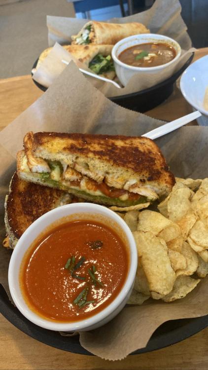 Pesto Grilled Cheese with tomatoes and chicken on jalapeño cornbread MELD Kitchen in Bentonville, AR