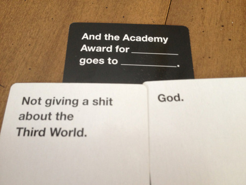 blua:  Cards Against Humanity is as despicable and awkward as you and your friends.The game is simple. Each round, one player asks a question from a Black Card, and everyone else answers with their funniest White Card.  550 cards (460 White cards and