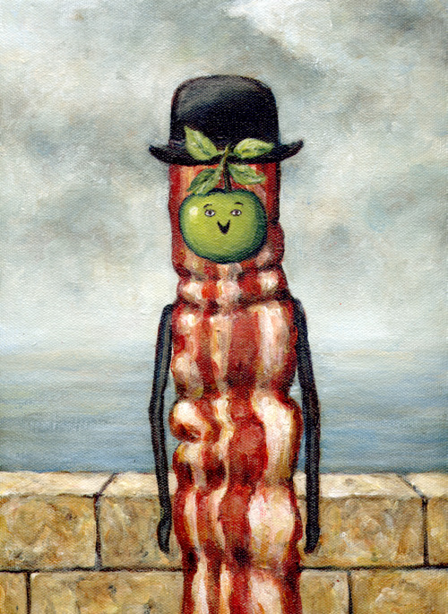 Son of Bacon After Magritte’s Son of Man. Except with Bacon. And the apple’s all happy. 