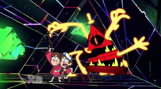 charlesoberonn:  First Episode: Dipper and Mabel run away from a giant pointy red monster with black eyes and sharp teeth Last Episode: Dipper and Mabel run away from a giant pointy red monster with black eyes and sharp teeth 