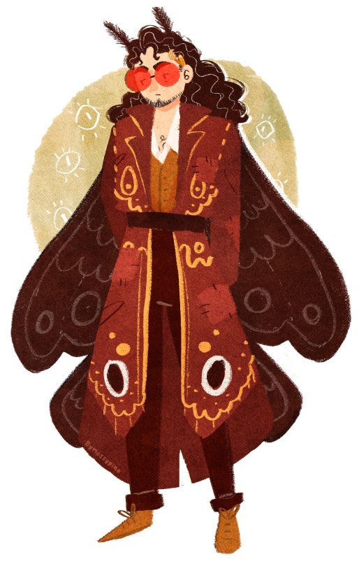 Digital art of a man in red robes with golden details on it. He waits bright red glasses and has black curly hair that starts to grey. On his back are two big moth wings