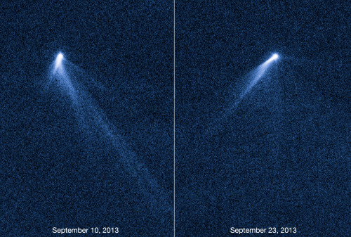 spaceplasma:  Hubble views extraordinary multi-tailed asteroid P/2013 P5  These NASA/ESA Hubble Space Telescope images reveal a never-before seen set of six comet-like tails radiating from a body in the asteroid belt and designated P/2013 P5. The asteroid