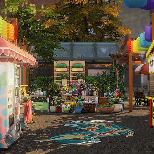 goldenwaves:San Myshuno Farmers Market - a CC light park- 30x30 lot, placed in the spice market- use