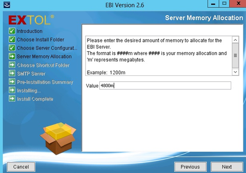 EXTOL Business Integrator 2.6 Server Memory configuration for install