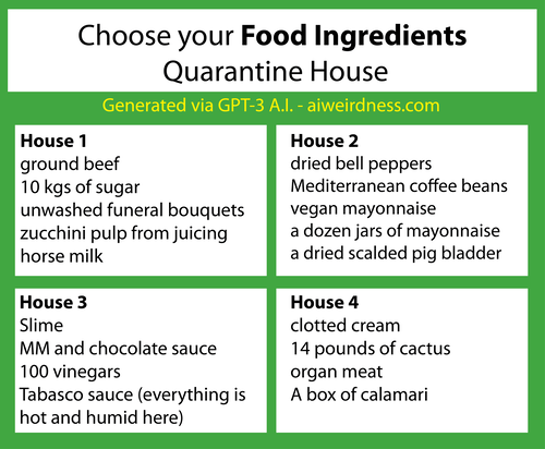 {Theme: Food ingredients}  House 1: ground beef 10 kgs of sugar unwashed funeral bouquets zucchini pulp from juicing horse milk  House 2: dried bell peppers Mediterranean coffee beans vegan mayonnaise a dozen jars of mayonnaise a dried scalded pig bladder  House 3: Slime MM and chocolate sauce 100 vinegars Tabasco sauce (everything is hot and humid here)  House 4: clotted cream 14 pounds of cactus organ meat A box of calamari