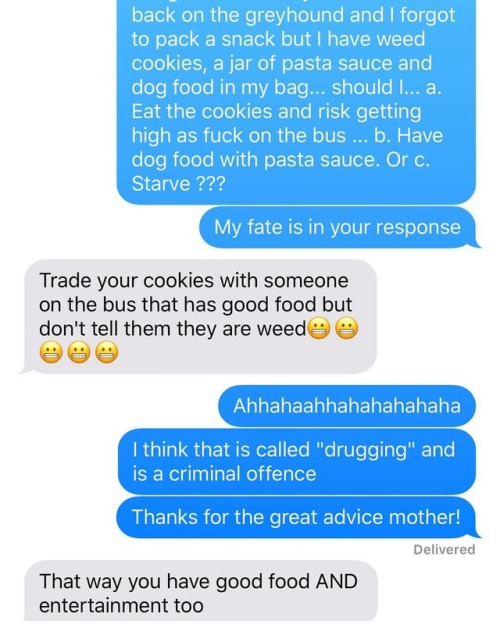 Texting with my mother while I am starving on the greyhound&hellip; because it&rsquo;s alway