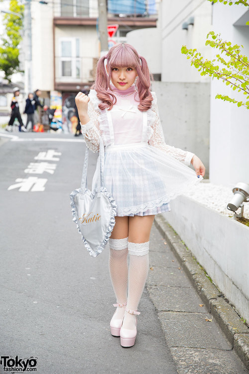 tokyo-fashion:  Rinalee - who recently started working at Bubbles Harajuku - on the street in Harajuku with lilac twin tails, a KOKOkim  sheer apron over a Katie top, a Bubbles plaid skirt, and WEGO ribbon-laced platforms. Full Look 