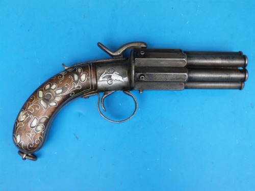 Pearl inlaid Turkish percussion pepperbox revolver, mid 19th century.from Stroud Auctions LTD