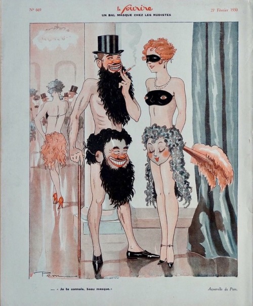A nudist masked ball. Pem illustration for Le Sourire (February 1930).Pem was the pem name, eh, pen 