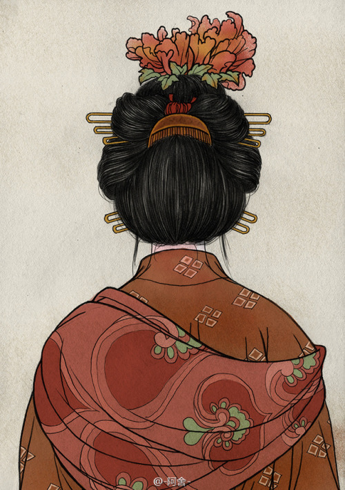 Back portraits of Chinese women depicted in historical art, by Chinese artist -阿舍- (Source). Th