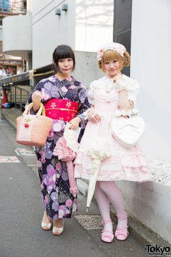 tokyo-fashion:  Mituki and Kyoko-rin on the street in Harajuku. Mituki is wearing a floral yukata. Kyoko-rin is wearing a lolita outfit from Baby, The Stars Shine Bright and Angelic Pretty. Full Looks