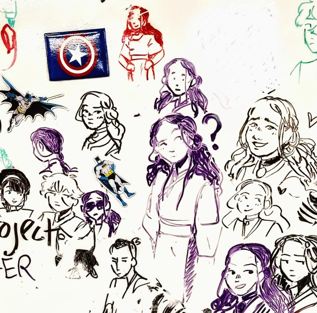 Various whiteboard doodles of Katara, as well as a Sokka, Zuko, and Aang.