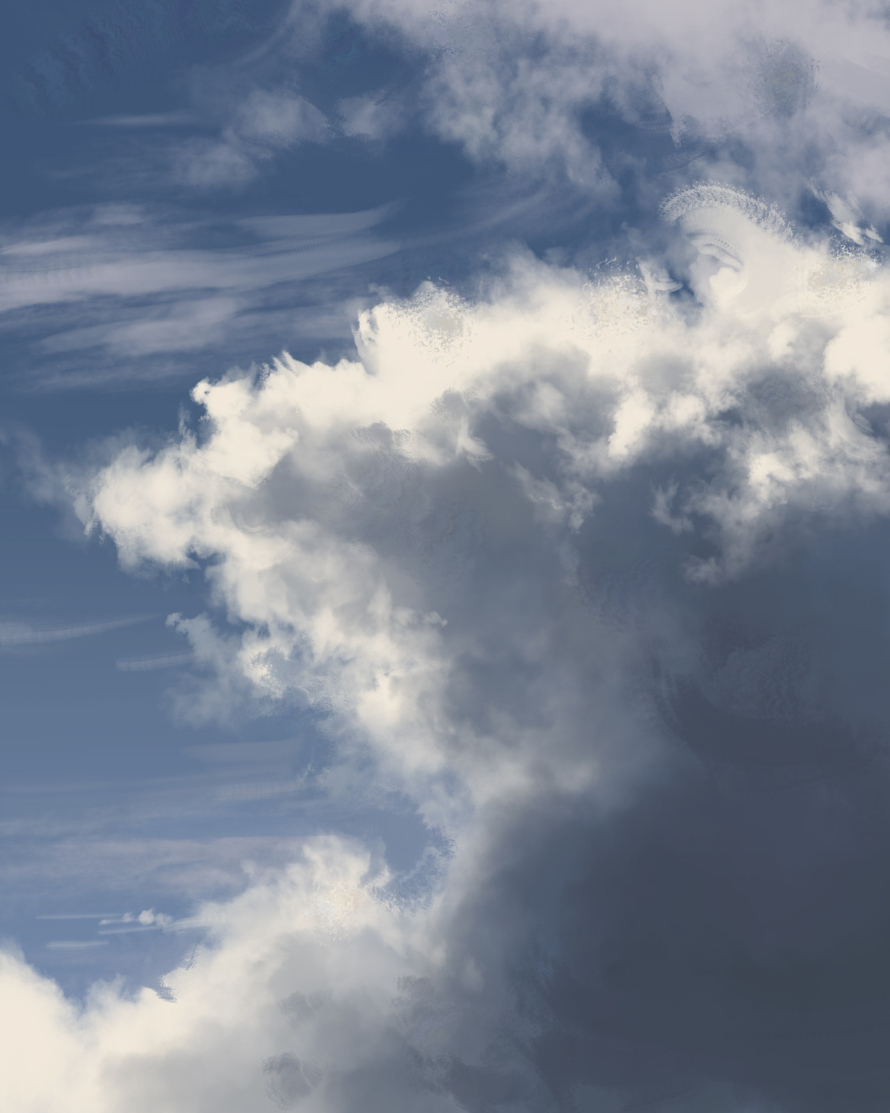 A digital painting of a blue and white cloudy sky