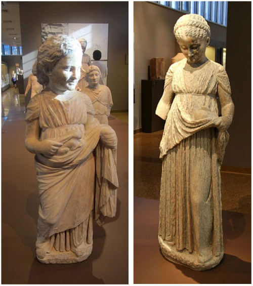 Left: Statue of a girl in chiton and himation with a hare, circa. 320 BCE. Archaeological Museum of 