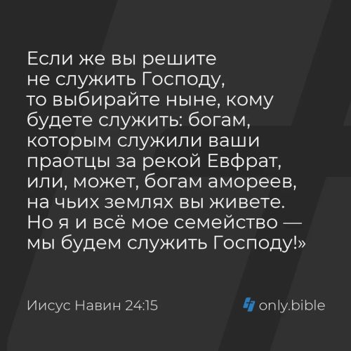 Если же вы решите не служить Господу, то выбирайте ныне, кому будете служить: богам, которым служили ваши праотцы за рекой Евфрат, или, может, богам амореев, на чьих землях вы живете. Но я и всё мое семейство — мы будем служить Господу!»
#Библия,...