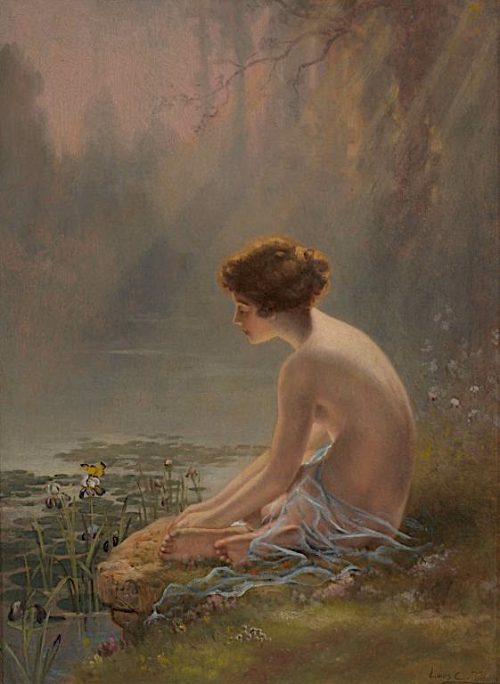 mermaidenmystic: Seated Nude at Lily Pond by Louis Comfort Tiffany (American artist, 1848-1933)