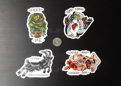 made some american traditional-style stickers as an homage to some horror movies– the thing, l