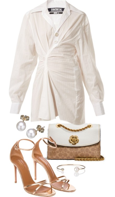 Untitled #23602 by florencia95 featuring a gold cuff bangle ❤ liked on PolyvoreJacquemus long sleeve