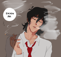 applepiedawn:  Sheith businessman AU where Shiro and Keith both work in the same company but, different departments and Shiro can’t find a reason to approach Keith but, he notices that Keith smokes so he pretends to smoke just to have an excuse to talk