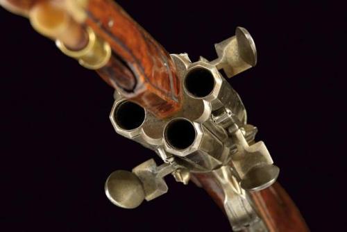 Four chamber flintlock revolving fowler crafted by Johann Petro of Carlsbad, Bohemia, circa 1700. Pr