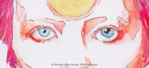 “Wonderful”portrait of Ziggy Stardust / David Bowieink pen, watercolour crayon, and eye shadow on A4