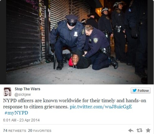 hoomie:  lifeisliterallylimited:  NYPD twitter campaign implodes, flooded with photos of police abuse Just before 2 pm EDT, the New York City Police Department called via Twitter for photos of citizens with its officers. Almost immediately the campaign