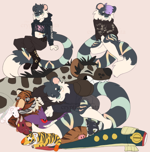 Digital artwork of an anthro tiger featuring three different fullbodies. The tiger is a dark blue with white underbelly and stripes that are a pink, yellow, and teal gradient. Two of the fullbodies are of them sitting while wearing My Chemical Romance hoodies. The last fullbody is of them laying in a pile of plushies including Pokemon, Neopets, and various animals.