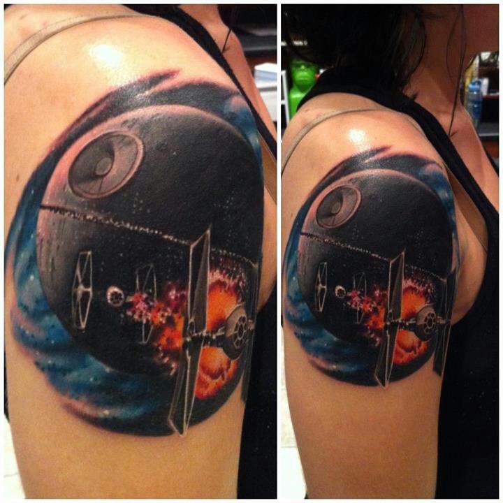 Start of my sleeve. Death Star shoulder cap. Done by the fantastic Mike Johnston at Sin Alley in Pawtucket, Rhode Island.
http://crowebirdsandmockingbars.tumblr.com