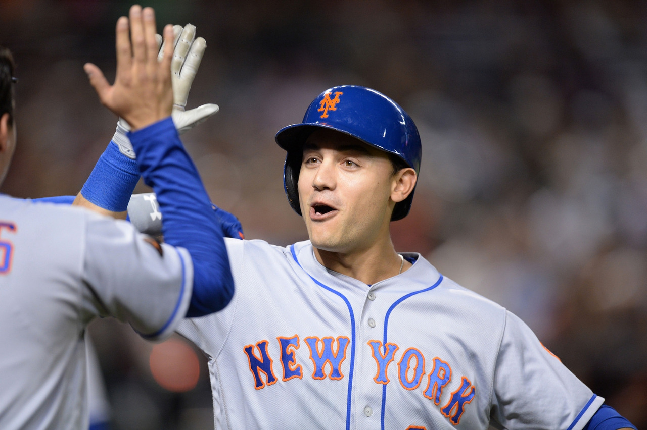 harveydegrom:New York Mets left fielder Michael Conforto reacts after hitting a three
