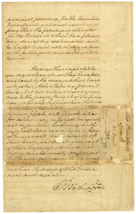 usnatarchives:
“  In honor of the 2013 Inauguration, the first and last page of Washington’s first Inaugural Address are on display at the National Archives until January 31.
Unseasonably cold and snowy weather delayed the first Presidential...