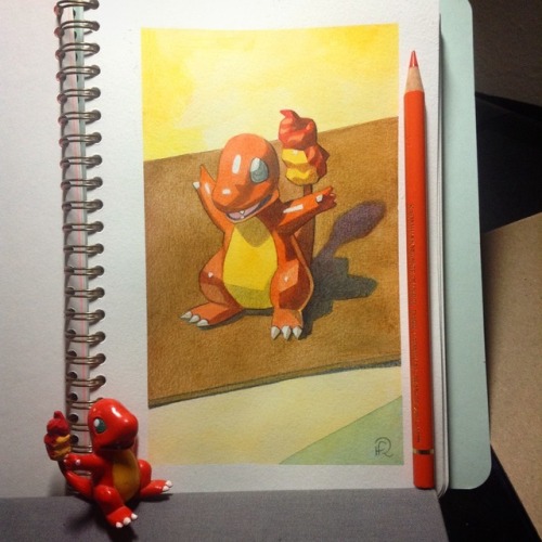 heatherfranzen:A watercolor+colored pencil still life of my 18-year old charmander toy!