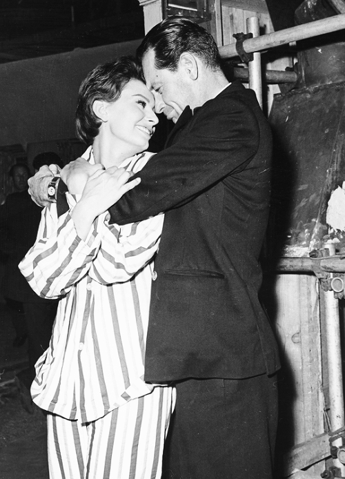 msmildred:Sophia Loren and William Holden on the set of “The Key”, 1958. 