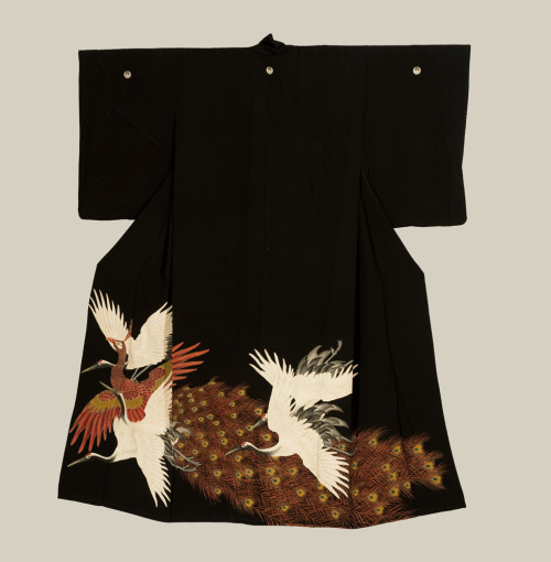 A silk kurotomesode featuring yuzen-dyed cranes and more.  Lata Meiji period (1880-1911), Japan.  Th